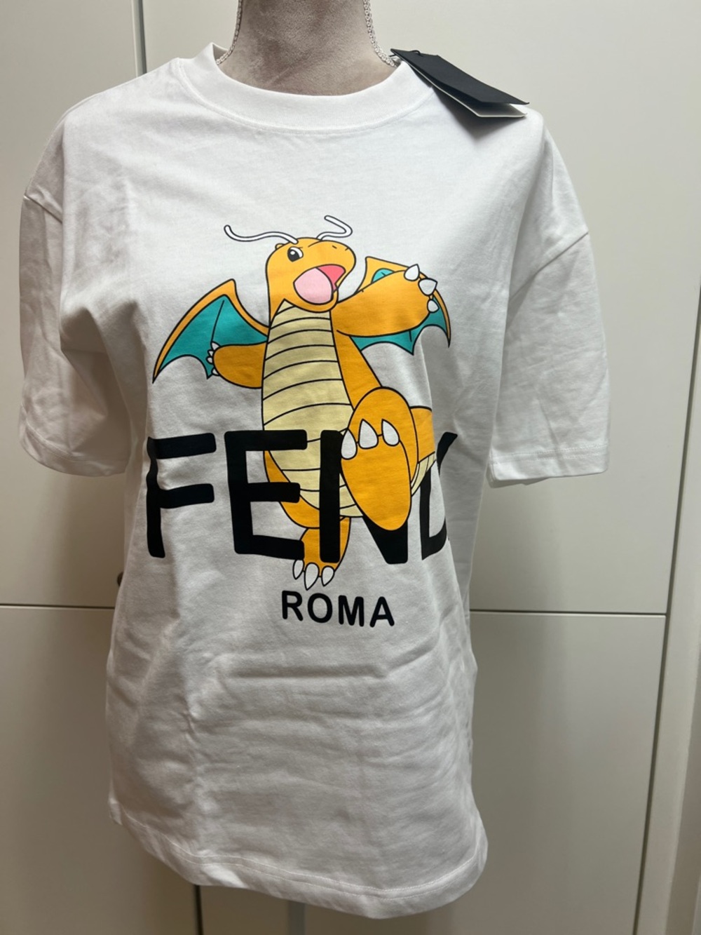 Fendi Roma Dragon Graphic Tee in White with Yellow & Teal Print